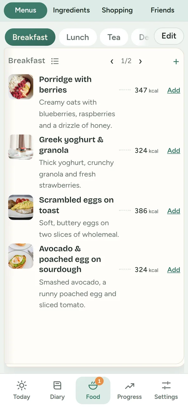 A breakfast menu in NovaMode with photos of porridge, yoghurt and granola, scrambled eggs and avocado toast, each with its calories and an Add link.