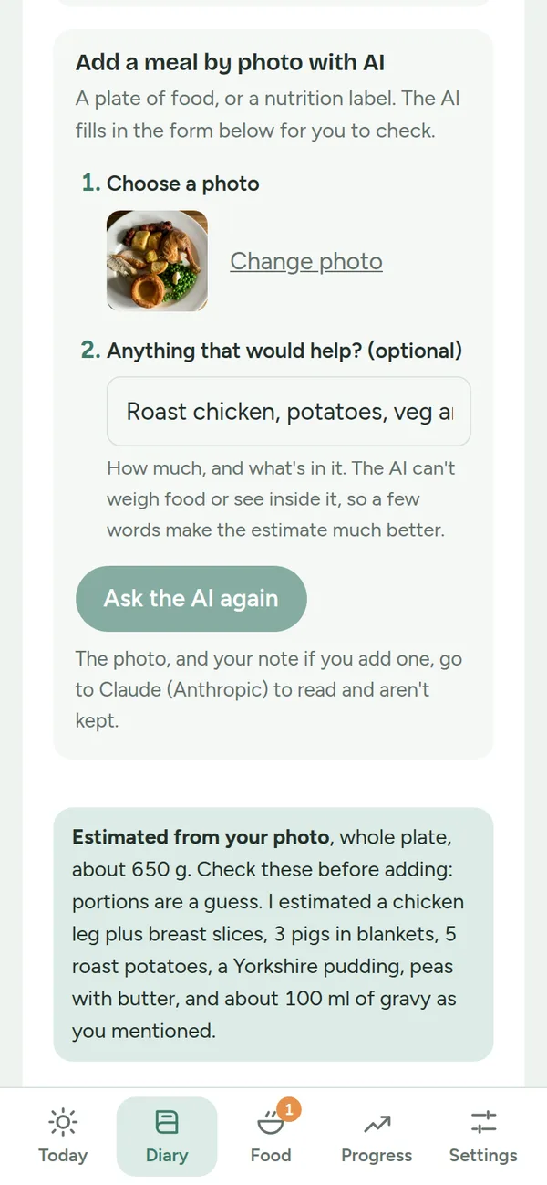 Adding a meal by photo: a picture of a roast chicken dinner, a short note, and the AI's estimate of what's on the plate and how much, ready to check.